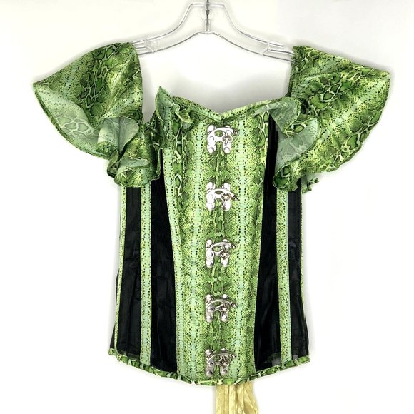 Steel Boned Corset Cap Sleeves Swing Arm Clasp Green Python Pattern Cosplay US 6